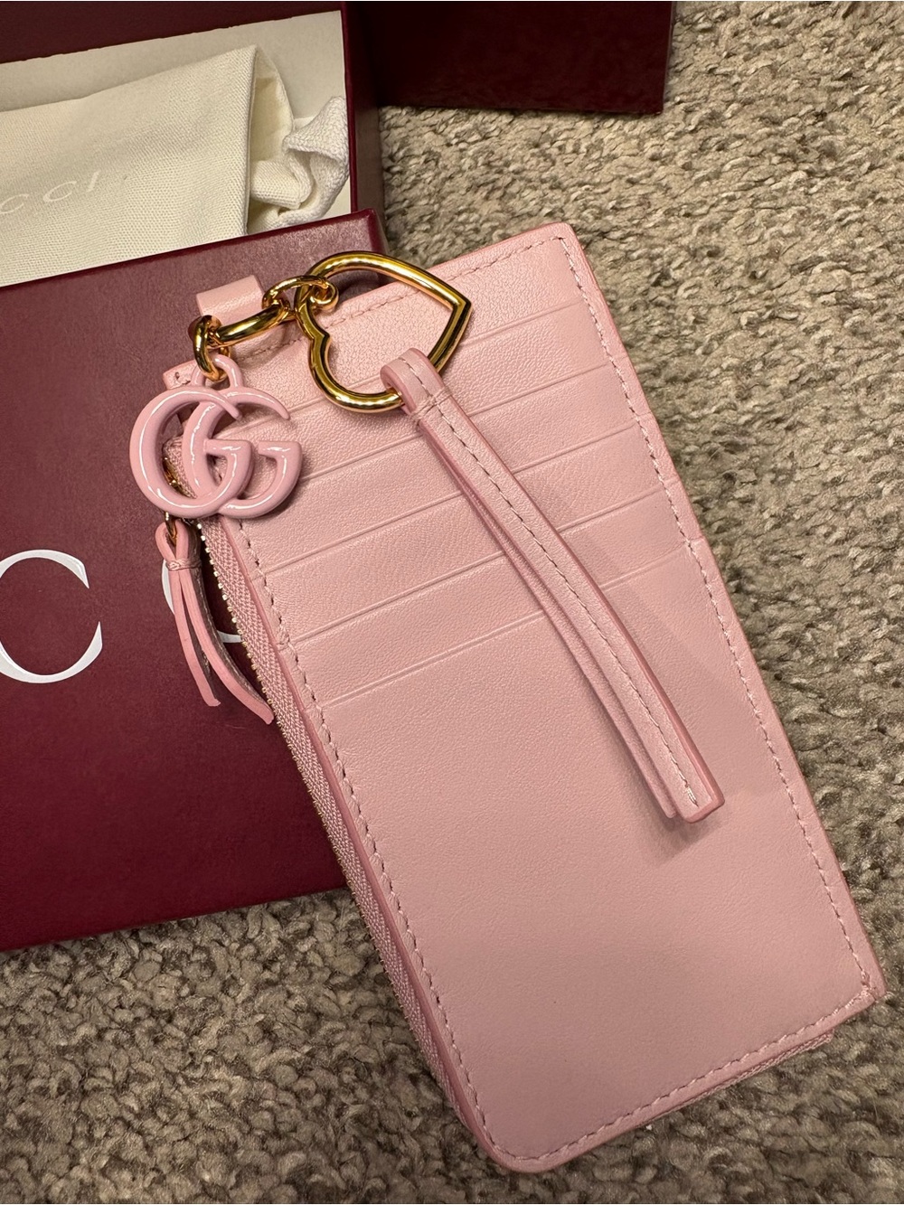 Gucci Pink Leather Card Holder with Gold Heart Keyring